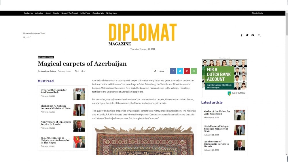 “Diplomat Magazine” jurnalı Azərbaycan xalçaları haqda məqalə yazdı