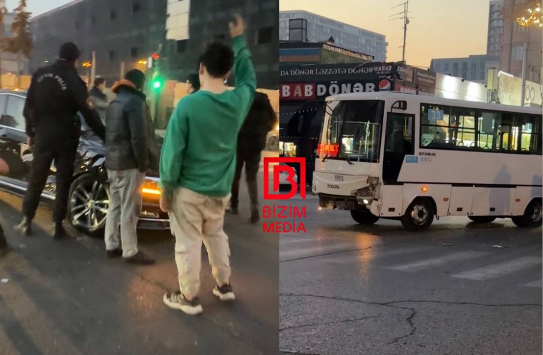 Paytaxtda yol qəzası: Avtobus minik maşını ilə toqquşdu - FOTO/VİDEO