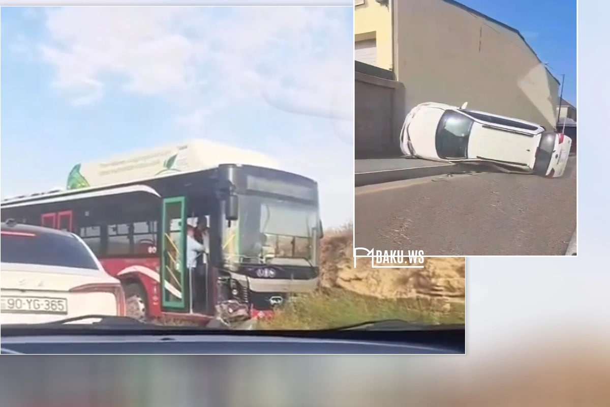 Hövsanda avtobusla toqquşan avtomobil aşdı – VİDEO