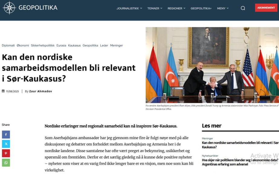 Norveçin “Geopolitika” nəşrində Vaşinqtonda imzalanan saziş haqqında məqalə dərc olunub
