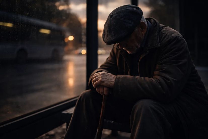 Xırdalanda yaşlı kişi avtobus dayanacağında gecələyir - VİDEO