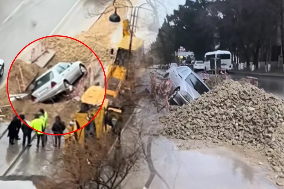 Təmir gedən yolda təhlükəli ANLAR: "Mercedes" xəndəyə yuvarlandı - VİDEO