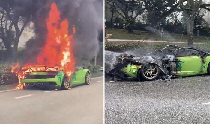 Milyonluq "Lamborgini" yolda yanıb kül oldu &ndash; Foto