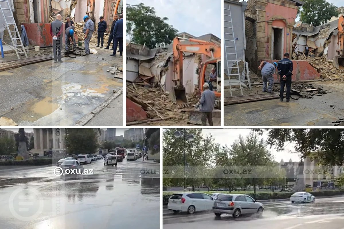 Bakıda söküntü zamanı su borusu partladı &ndash; VİDEO