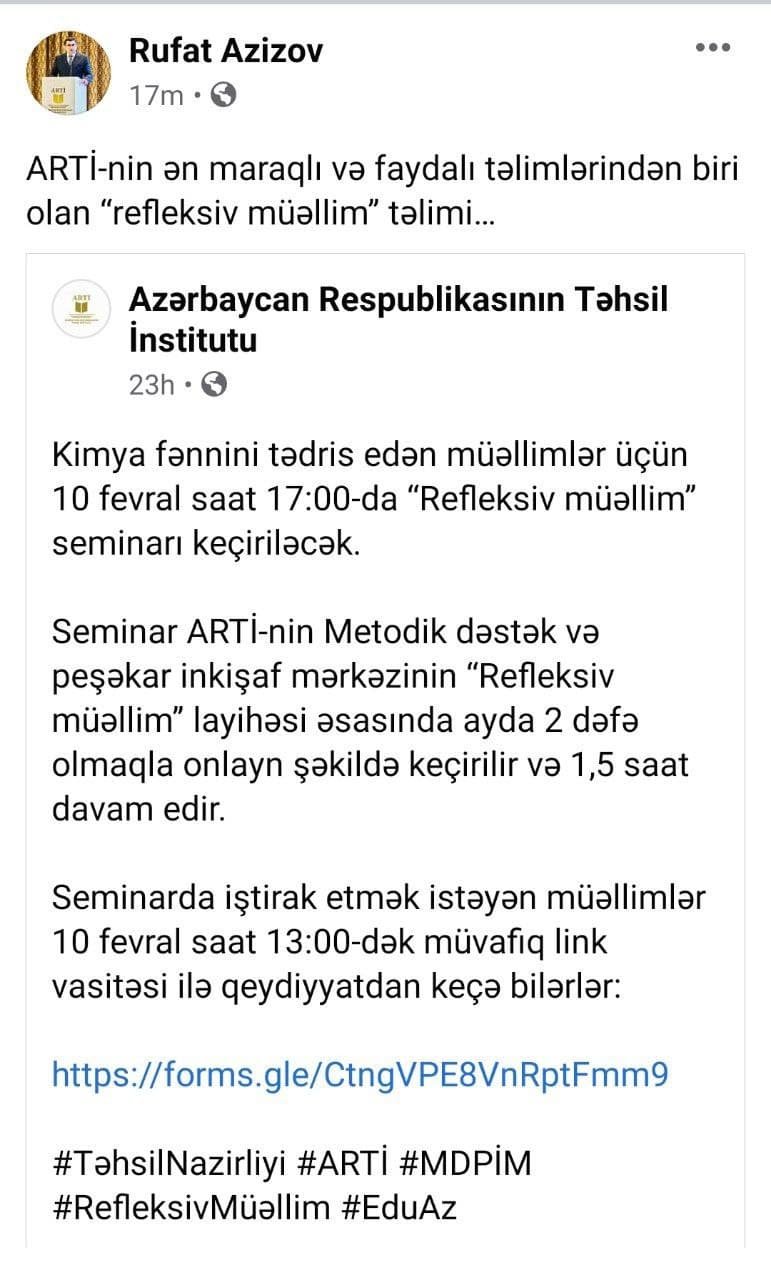 Kimya müəllimləri üçün “Refleksiv müəllim” seminarı - Ayda 2 dəfə keçiriləcək - foto 1