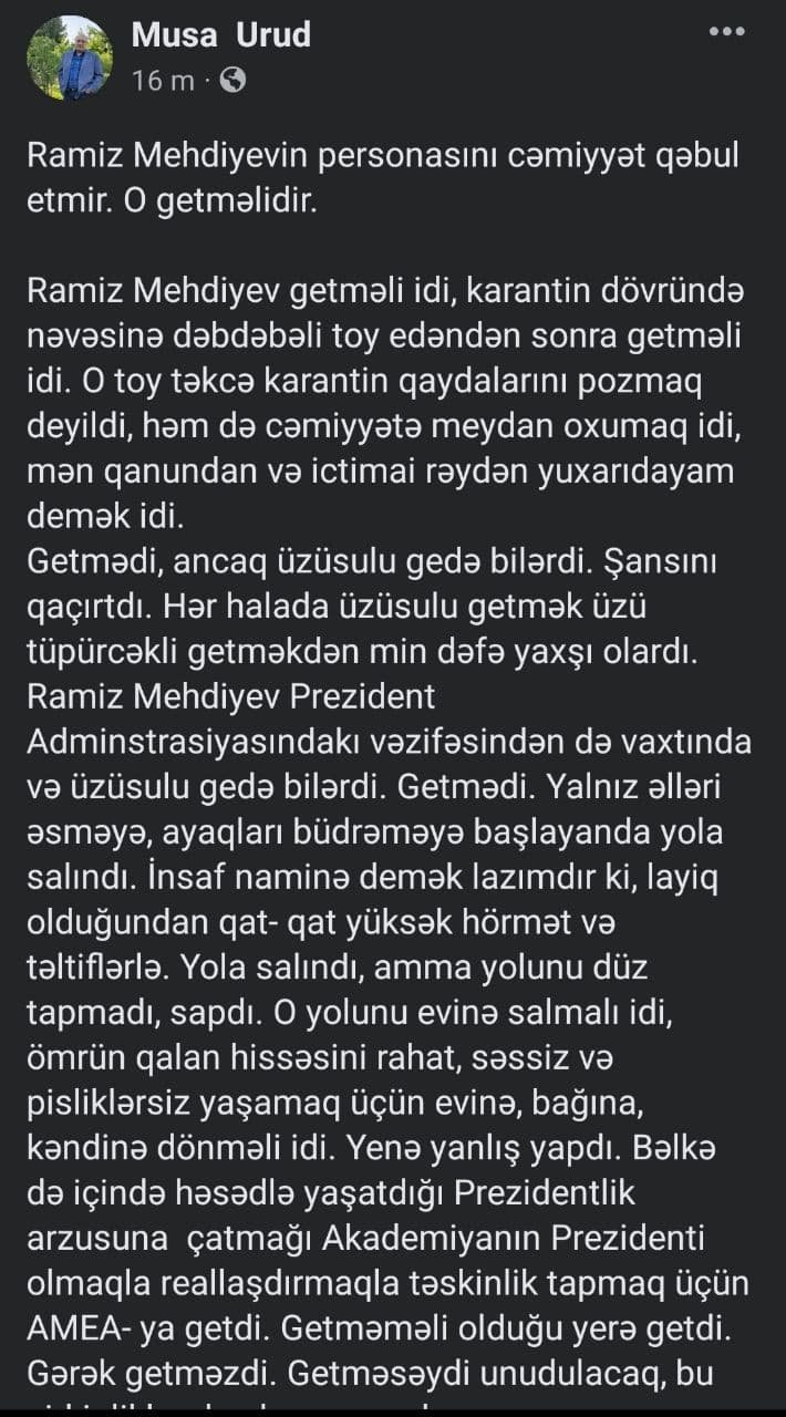Musa Urud Ramiz Mehdiyev BARƏDƏ: “O, karantində nəvəsinə dəbdəbəli toy edəndən sonra getməli idi” - foto 1