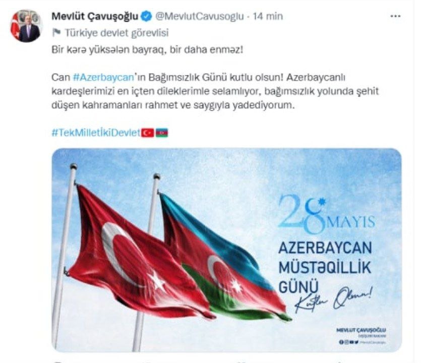 “Bir dəfə yüksələn bayraq bir daha enməz!” - Çavuşoğludan Azərbaycana TƏBRİK  - foto 1