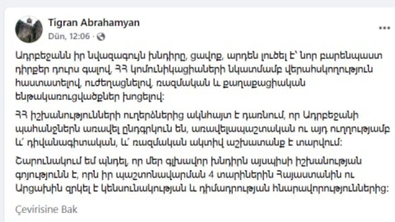 “Azərbaycanın tələbləri daha əhatəlidir və bu istiqamətdə həm diplomatik, həm də hərbi iş aparılır” - Abrahamyan  - foto 1