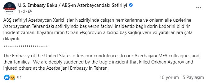 ABŞ İrandakı səfirliyimizə hücumla bağlı Azərbaycana BAŞSAĞLIĞI VERDİ  - foto 1