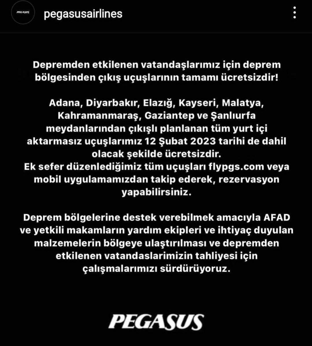 Türkiyənin “Pegasus” şirkəti zəlzələ bölgəsindən uçuşları ödənişsiz etdi - foto 1