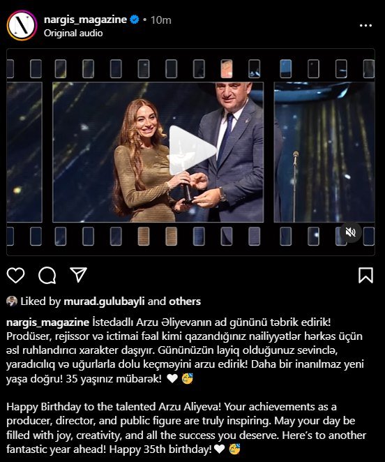 “Nərgiz” dərgisindən Arzu Əliyevanın doğum günü ilə bağlı PAYLAŞIM – VİDEO  - foto 1