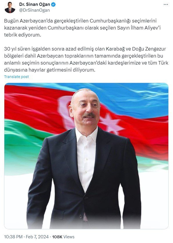 Sinan Oğandan İlham Əliyevin qələbəsi ilə bağlı paylaşım - FOTO - foto 1