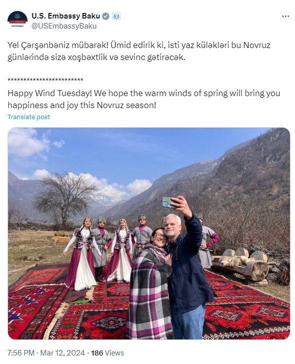 ABŞ səfirindən Yel çərşənbəsi münasibətilə “öz dilimizdə” PAYLAŞIM - FOTO - foto 1