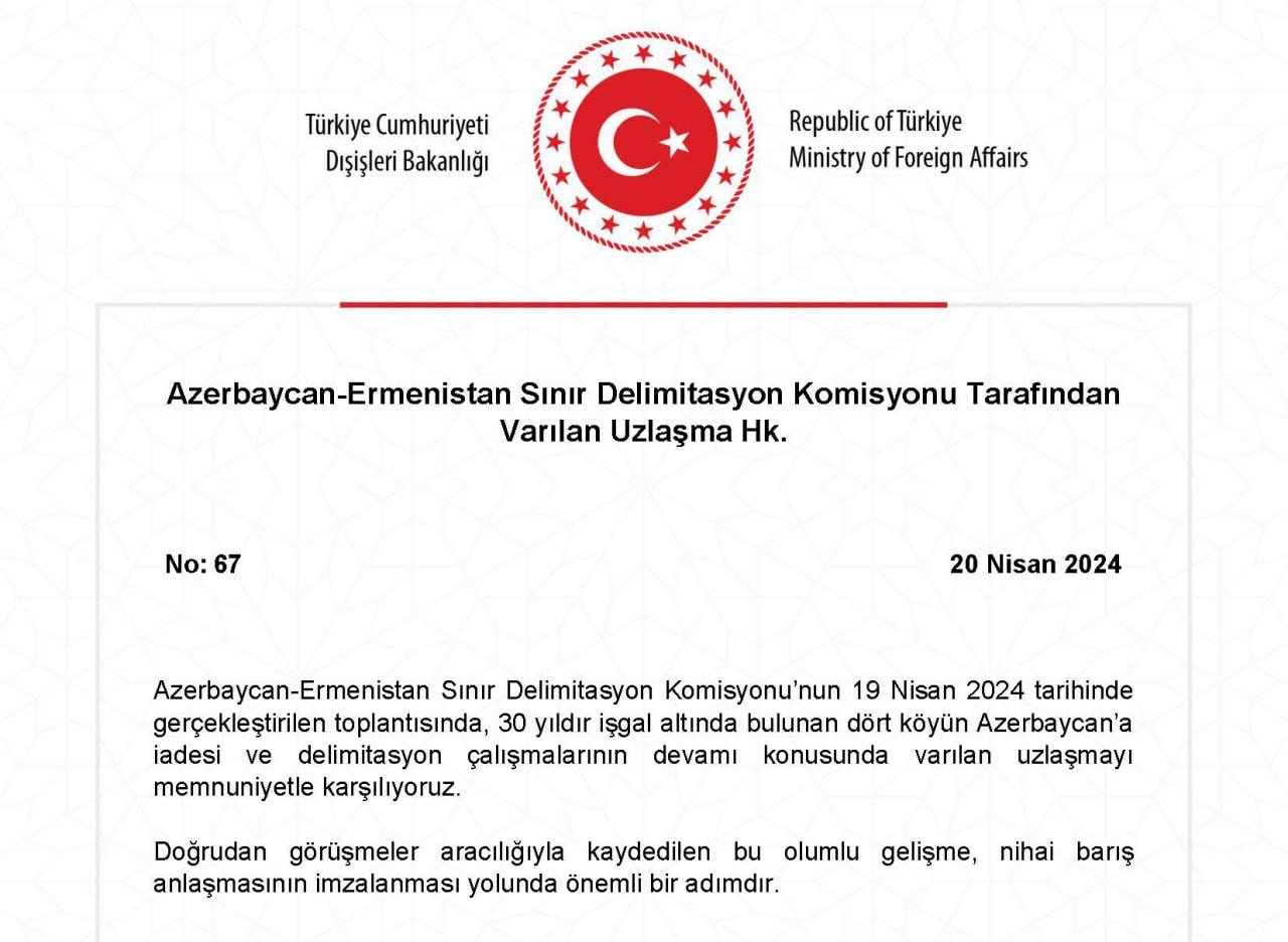 Türkiyə XİN Azərbaycan-Ermənistan arasında əldə edilən razılaşma ilə bağlı BƏYANAT YAYDI - FOTO - foto 1