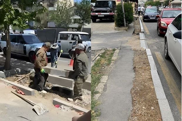Bakıda parklanma yeri yaratmaq üçün sökülən səki bərpa olunur - VİDEO