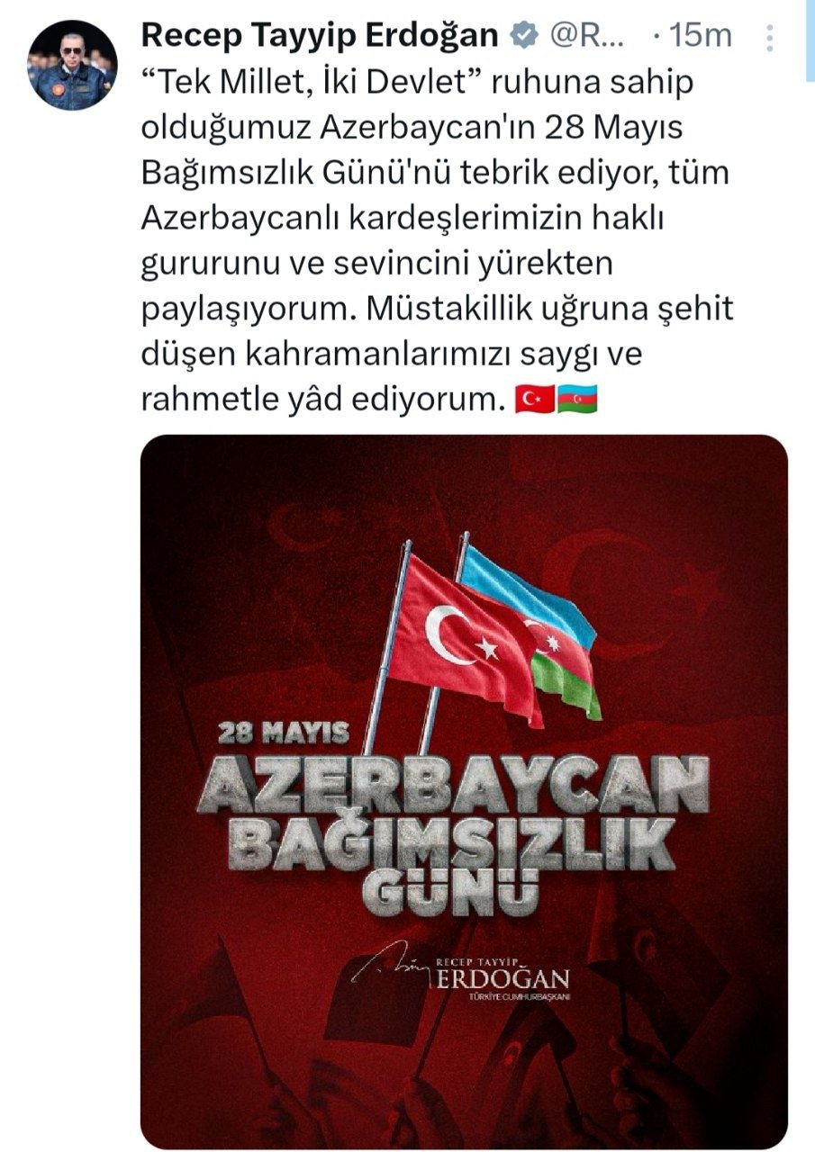 Ərdoğan Azərbaycanı Müstəqillik Günü münasibətilə TƏBRİK edib - foto 1