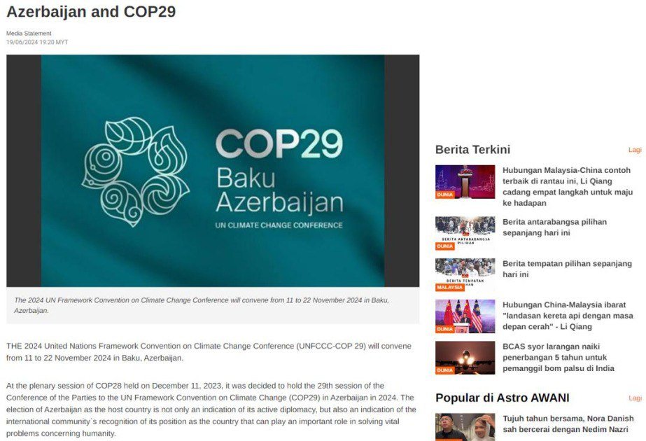 Malayziya nəşrində “Azərbaycan və COP29” başlıqlı məqalə yayımlanıb - foto 1