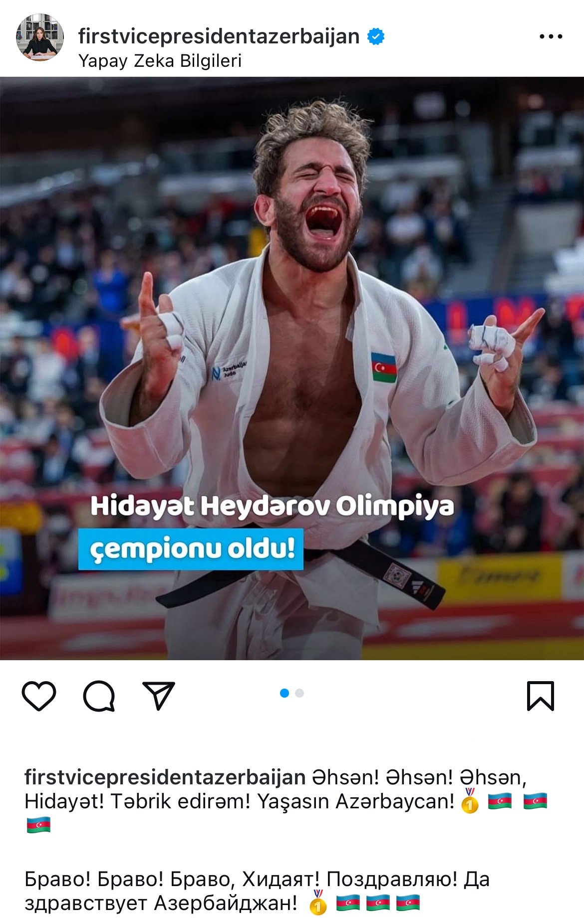 Mehriban Əliyeva Olimpiya çempionu olan Hidayət Heydərov ilə bağlı paylaşım edib - FOTO - foto 1