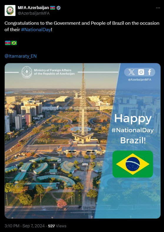 Azərbaycan XİN Braziliyanı Milli Günü münasibətilə təbrik edib - FOTO - foto 1