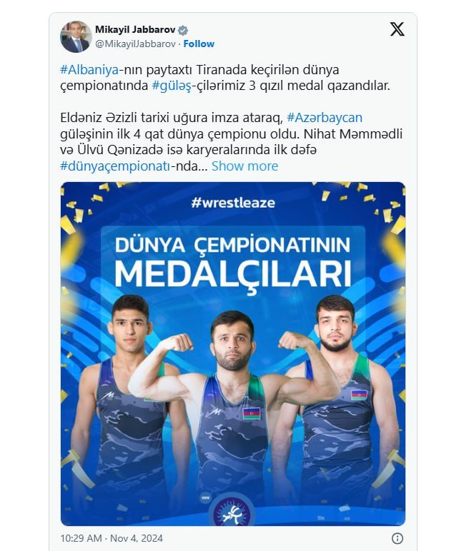 Mikayıl Cabbarovdan qızıl medal qazanan güləşçilərlə bağlı PAYLAŞIM - FOTO - foto 1