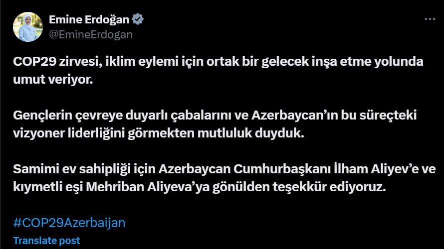 Əminə Ərdoğan İlham Əliyev və Mehriban Əliyevaya TƏŞƏKKÜR ETDİ – FOTO/VİDEO - foto 1