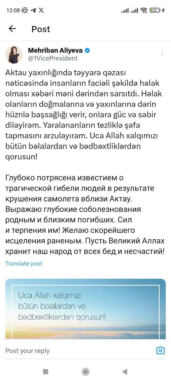 Mehriban Əliyevadan təyyarə qəzası ilə bağlı PAYLAŞIM – FOTO - foto 1