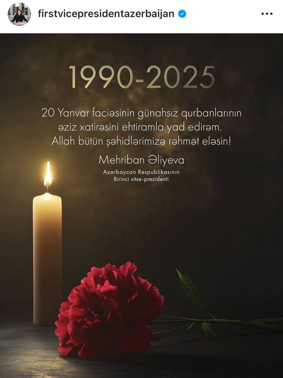 Mehriban Əliyeva 20 Yanvar faciəsinin ildönümü ilə bağlı paylaşım edib - foto 1