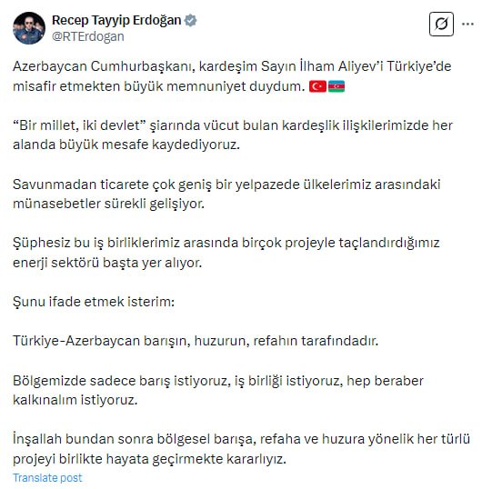 Ərdoğandan PAYLAŞIM: “Türkiyə-Azərbaycan sülhün, əmin-amanlığın, tərəfindədir” - FOTO - foto 1