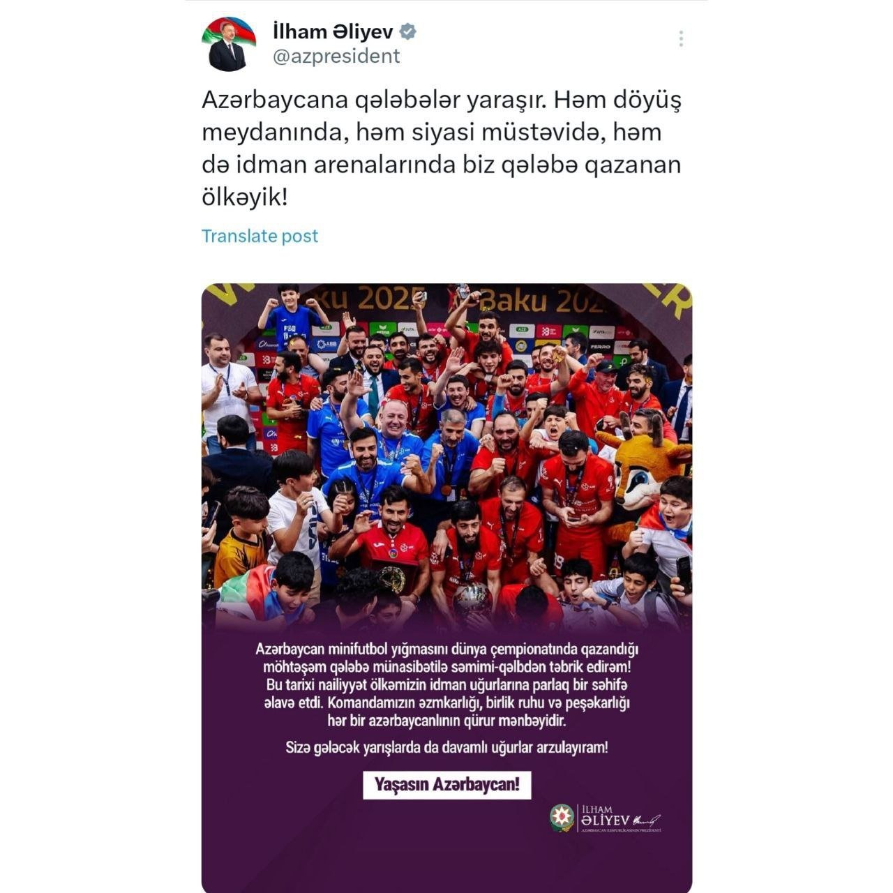 İlham Əliyev minifutbol millimizlə bağlı PAYLAŞIM ETDİ - FOTO - foto 1