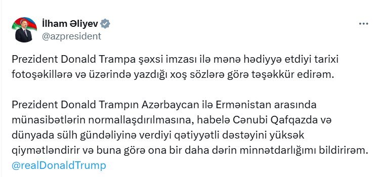 “İlham, siz böyük lidersiniz” - Tramp Prezidentə hədiyyə göndərdi - FOTO - foto 1