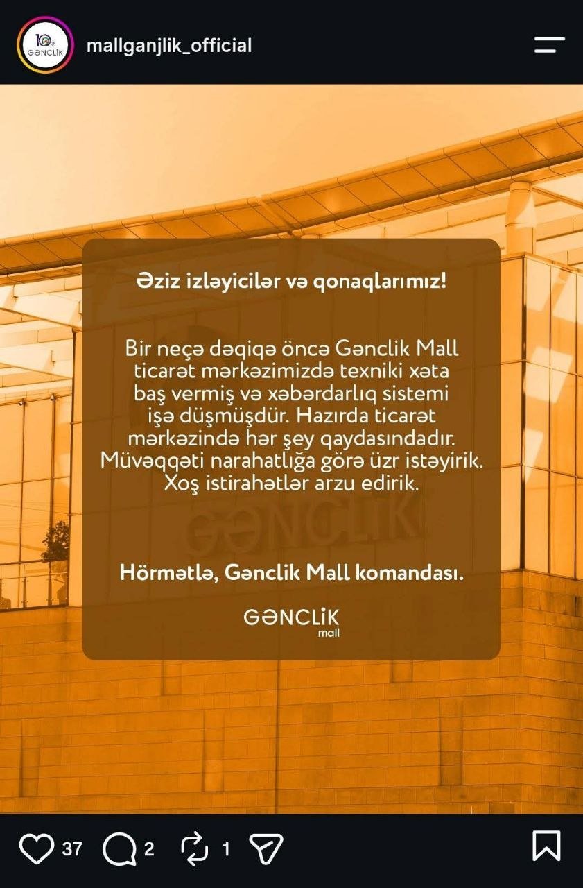 “Gənclik Mall”-da HƏYƏCAN siqnalının SƏBƏBİ bəlli oldu – FOTO - foto 1