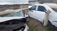 Bakıda minik avtomobili yol kənarındakı maneəyə çırpıldı - VİDEO
