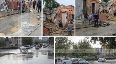 Bakıda söküntü zamanı su borusu partladı &ndash; VİDEO
