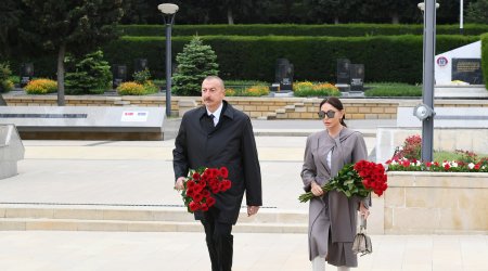 İlham Əliyev və Mehriban Əliyeva Həzi Aslanovun məzarını ziyarət etdi - FOTOLAR