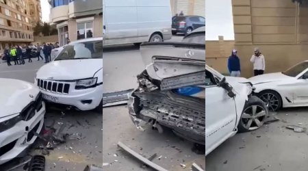 Bakıda zəncirvari qəza: 5 avtomobil toqquşdu - VİDEO 