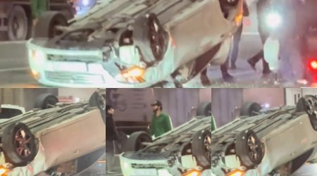 Bakıda TIR-la toqquşan minik avtomobili aşdı - VİDEO