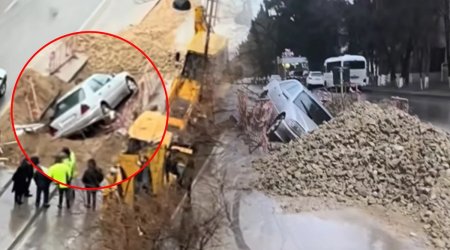 Təmir gedən yolda təhlükəli ANLAR: "Mercedes" xəndəyə yuvarlandı - VİDEO